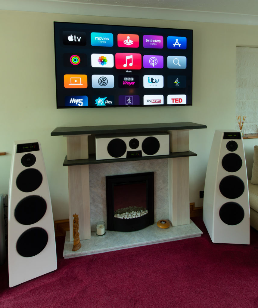 Media room with Meridian DSP7200se main speakers, Meridian 861v8 surround processor and Roon high-res MQA music streaming